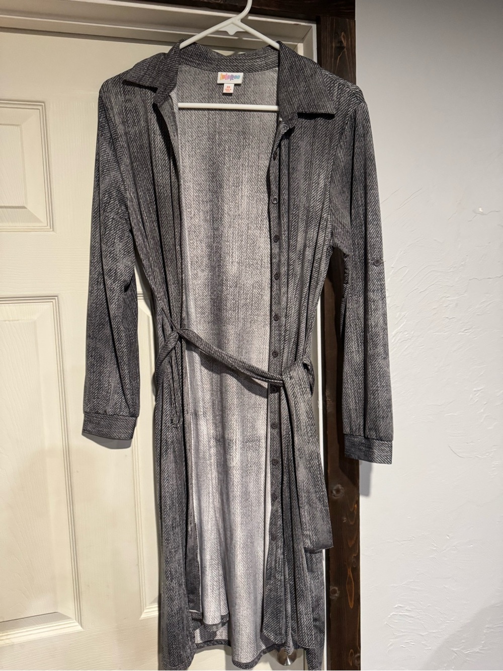 LuLaRoe Gray Black Long Button Front Shirt Dress with Belt
